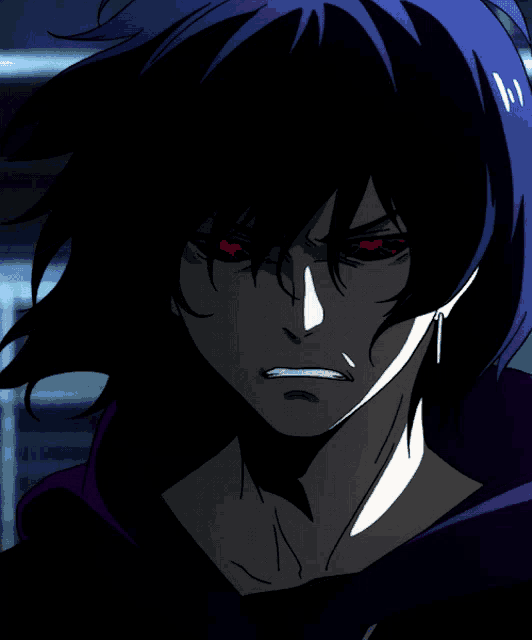 a close up of a person with red eyes and dark hair