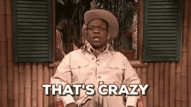 a man in a cowboy hat and glasses is sitting in a chair and saying that 's crazy .