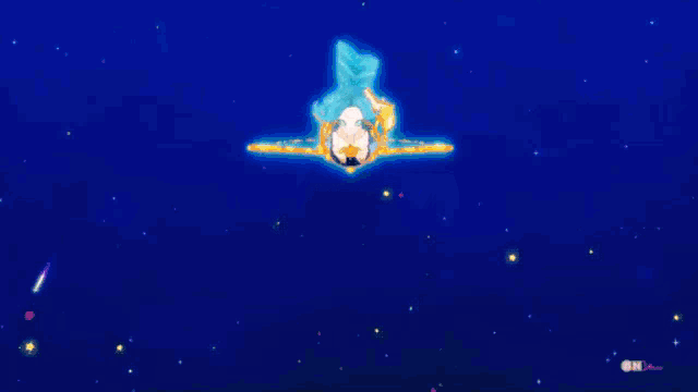 a cartoon character with blue hair and yellow eyes is flying through the air .