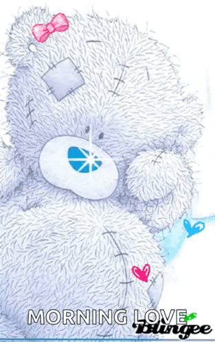 a teddy bear with a pink bow on its head and the words morning love below it