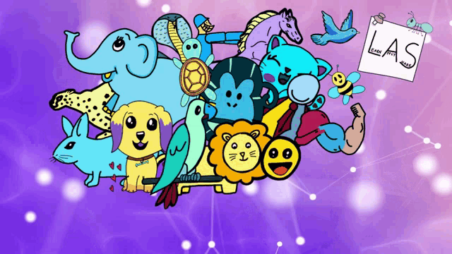 a bunch of cartoon animals with a sign that says las on it