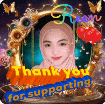 a woman in a hijab is surrounded by flowers and hearts and says thank you for supporting
