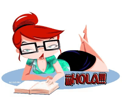 a cartoon of a woman reading a book with the word hola on the bottom right