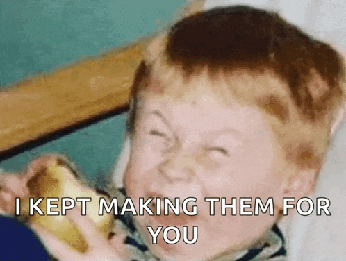 a young boy is eating a banana and making a funny face with the words i kept making them for you .