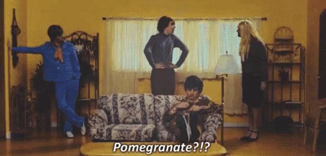 a group of people standing around a couch with the words pomegranate on the bottom