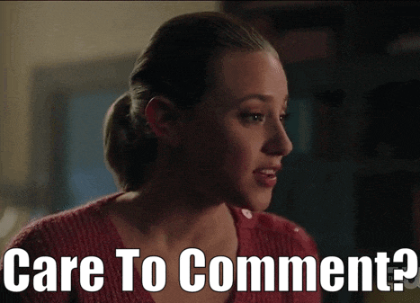 a woman in a red sweater with the words care to comment below her