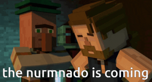 a cartoon of a man and a villager with the words " the nurmnado is coming " below them