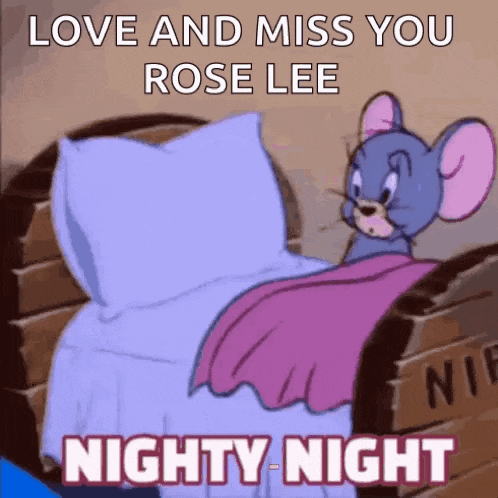 a cartoon mouse is laying in a bed with the words love and miss you rose lee nighty night