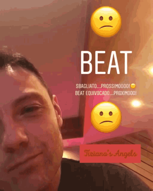a man 's face is behind a beat sign