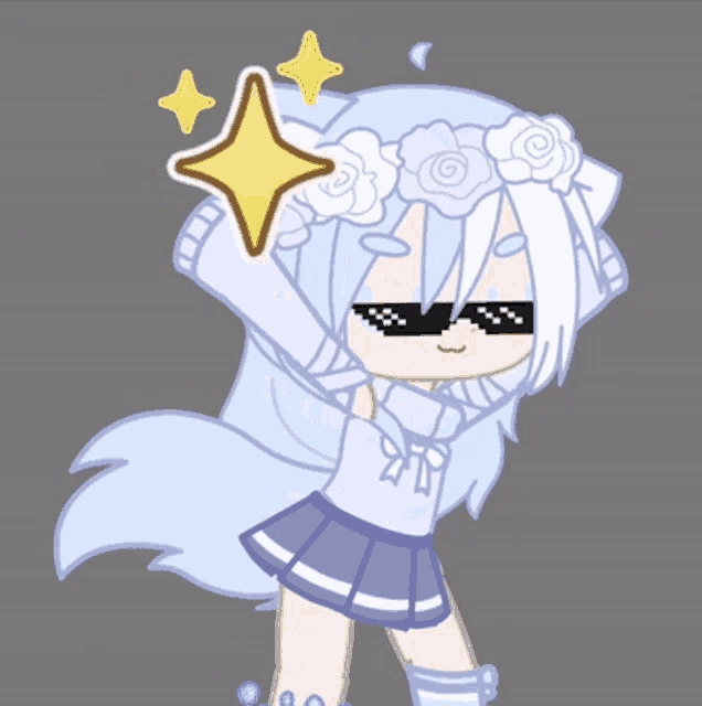 a cartoon girl wearing sunglasses and a flower crown has two stars above her head