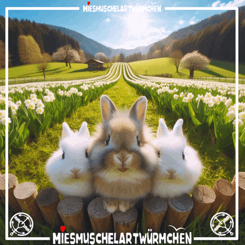 three rabbits are standing next to each other in a field with the words " miesmuschelartwurmchen " on the bottom
