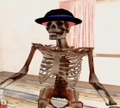 a skeleton wearing a hat and glasses is sitting on a table .