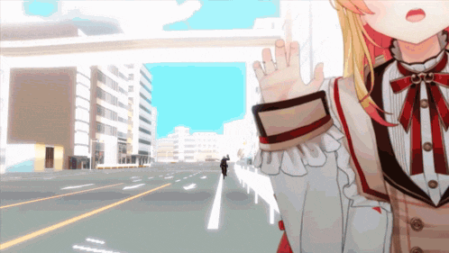 a cartoon girl is waving her hand in front of a cityscape