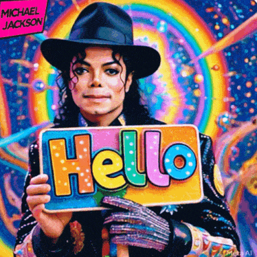 michael jackson is holding a colorful hello sign