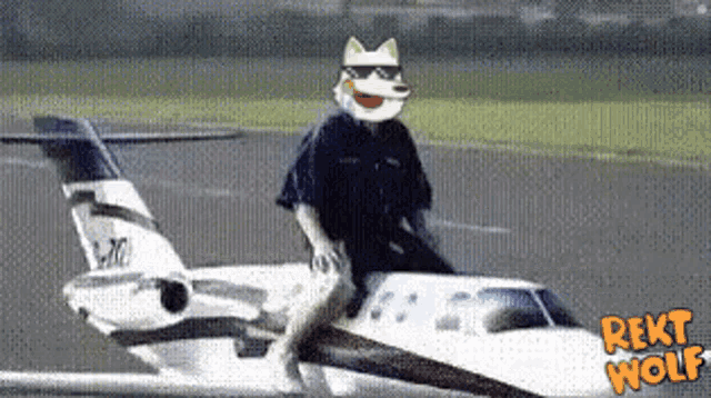 a man in a wolf mask is riding on the back of a small plane