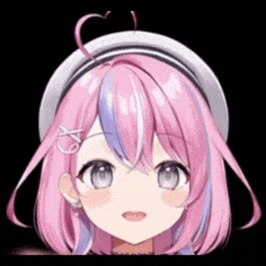 a close up of a girl with pink and purple hair wearing a hat and earrings .