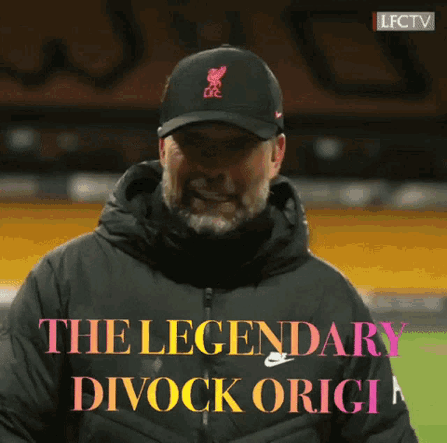 a man wearing a hat and a jacket with the words " the legendary divock origin "