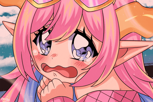 a drawing of a girl with pink hair and horns has a watermark on the bottom left