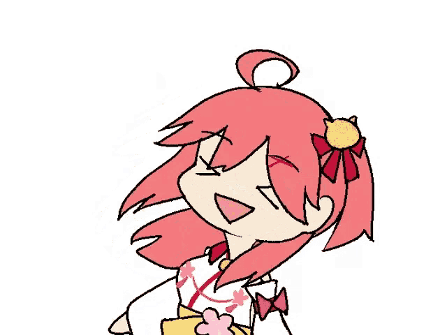 a cartoon drawing of a girl with pink hair and a bow on her head .