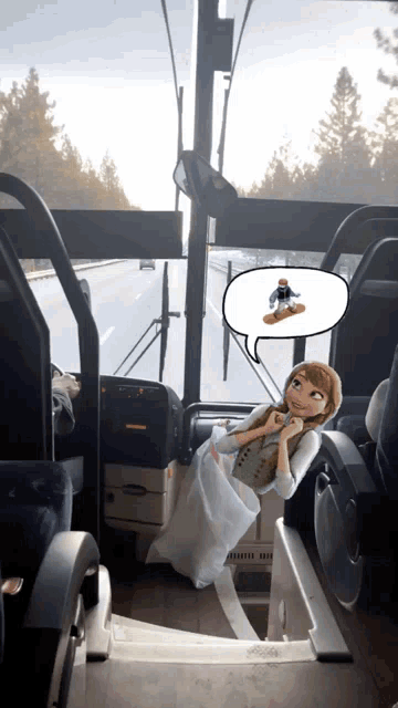a cartoon of anna from frozen sitting on a bus with a snowboarder in the background