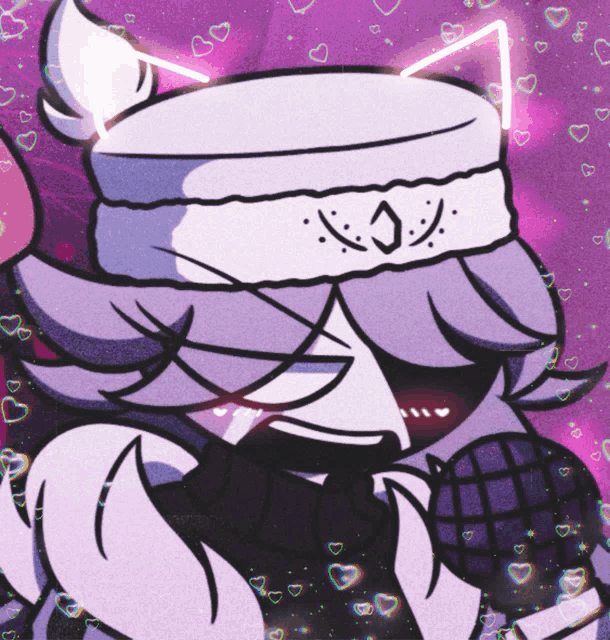 a purple background with hearts and a cartoon character with a white headband