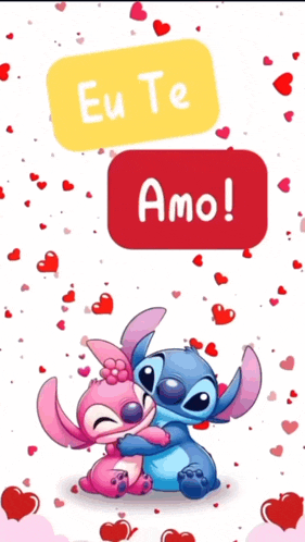 a picture of stitch and angel hugging with the words eu te amo on top