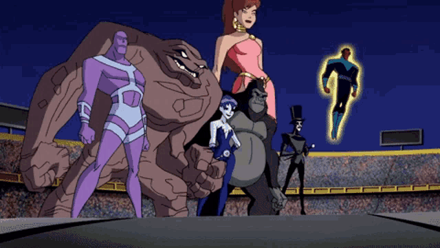 a group of cartoon characters standing next to each other including a gorilla