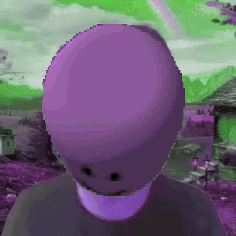 a pixel art of a person with a purple head and a green background