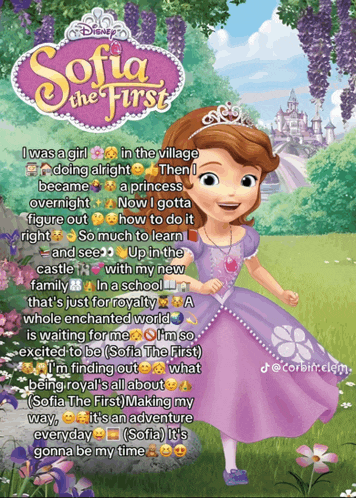 a poster for sofia the first shows a girl in a purple dress standing in front of a castle