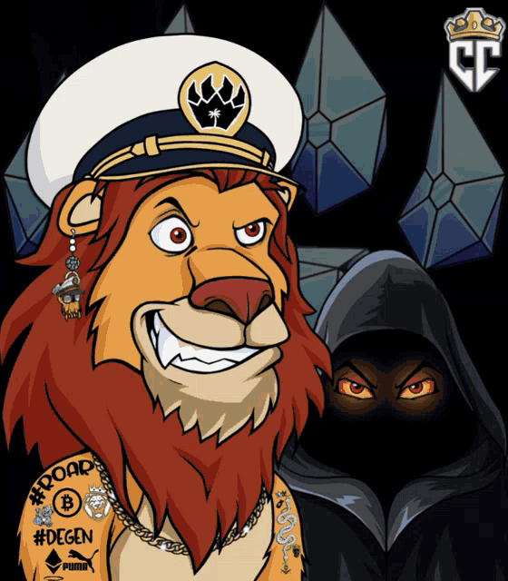 a cartoon of a lion wearing a hat and a tattoo that says " roar "