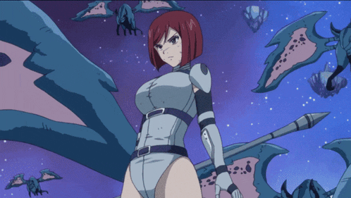 a woman with red hair is holding a spear in front of a purple background