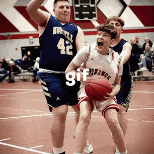 a man in a blue jersey with the number 42 on it holds a basketball