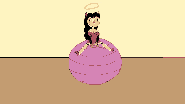 a cartoon of a devil with a halo on her head sitting on a purple ball