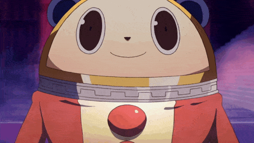 a close up of a cartoon character with a red nose and big eyes