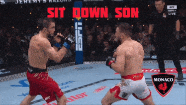 two men are fighting in a boxing ring and the words sit down son are on the screen