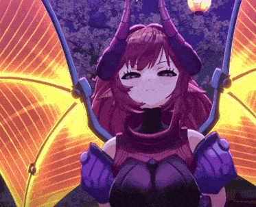 a cartoon character with horns and wings is looking at the camera
