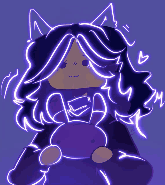 a drawing of a girl with a cat ear holding a purple stuffed animal