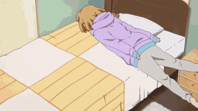a cartoon character is laying on a bed with a teddy bear behind her