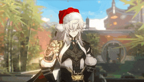 a cartoon character wearing a santa hat and a sword