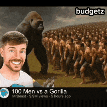 a man stands in front of a painting of a gorilla and a row of men