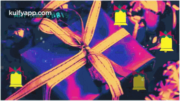 a purple gift box with a yellow ribbon is surrounded by yellow bells