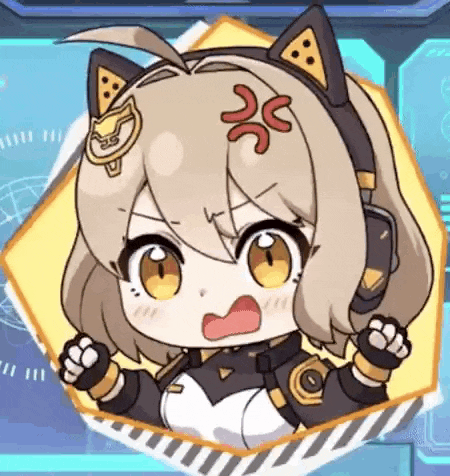 a cartoon girl with a cat ear headband is sitting in a circle with her fist in the air .