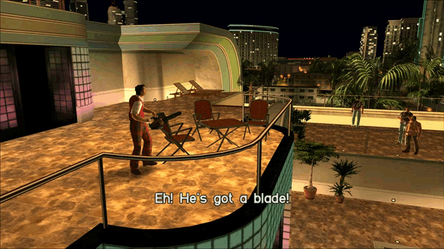 a screenshot of a video game says eh he 's got a blade !