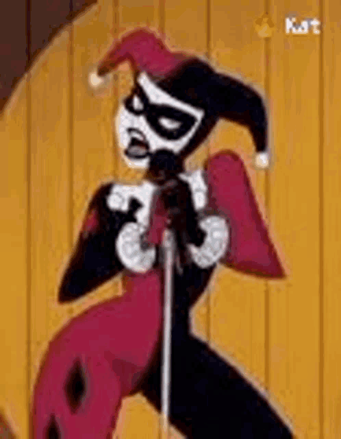 harley quinn is singing into a microphone while holding a cane .