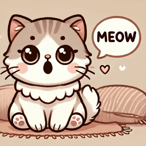 a cat with a speech bubble that says meow on it