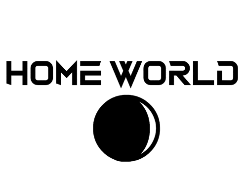 a black and white logo for home world with a crescent moon