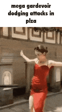 a woman in a red dress is dancing in front of a building with the caption mega gardevoir dodging attacks in plaza