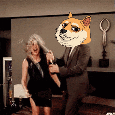 a man in a suit is holding a woman with a doge head on his head