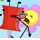 a cartoon character is holding a red object and a yellow object with a face on it .
