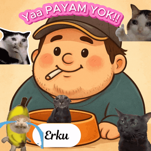a cartoon of a man smoking a cigarette and a bowl of food with the name erku on the label